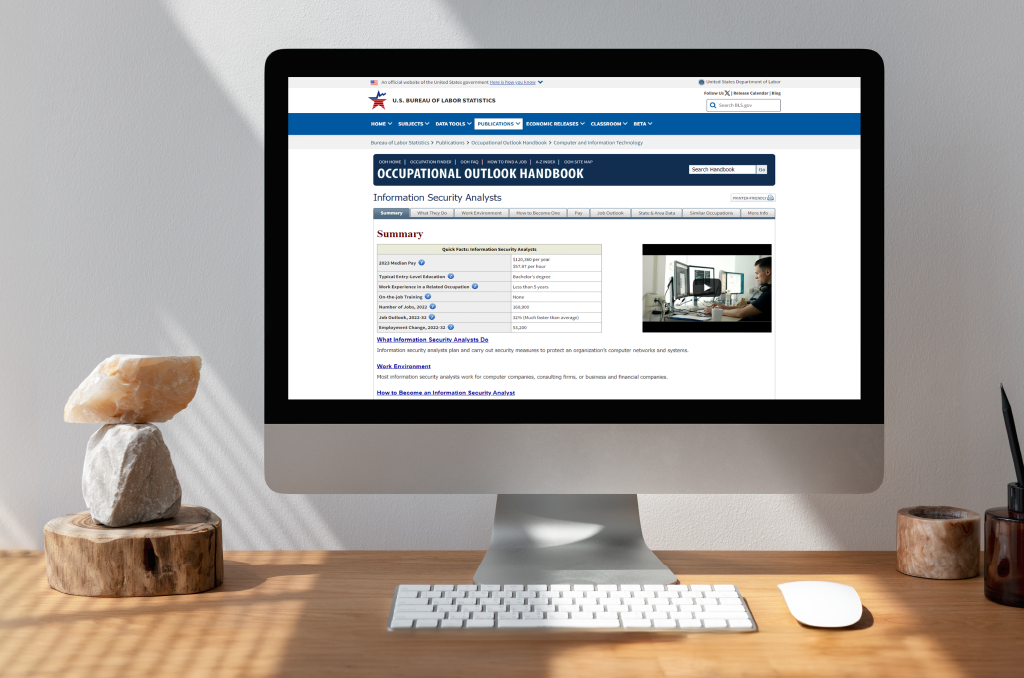Computer screen showing Occupational Outlook Handbook for Information Security Analysts, related to Cybersecurity Certification.