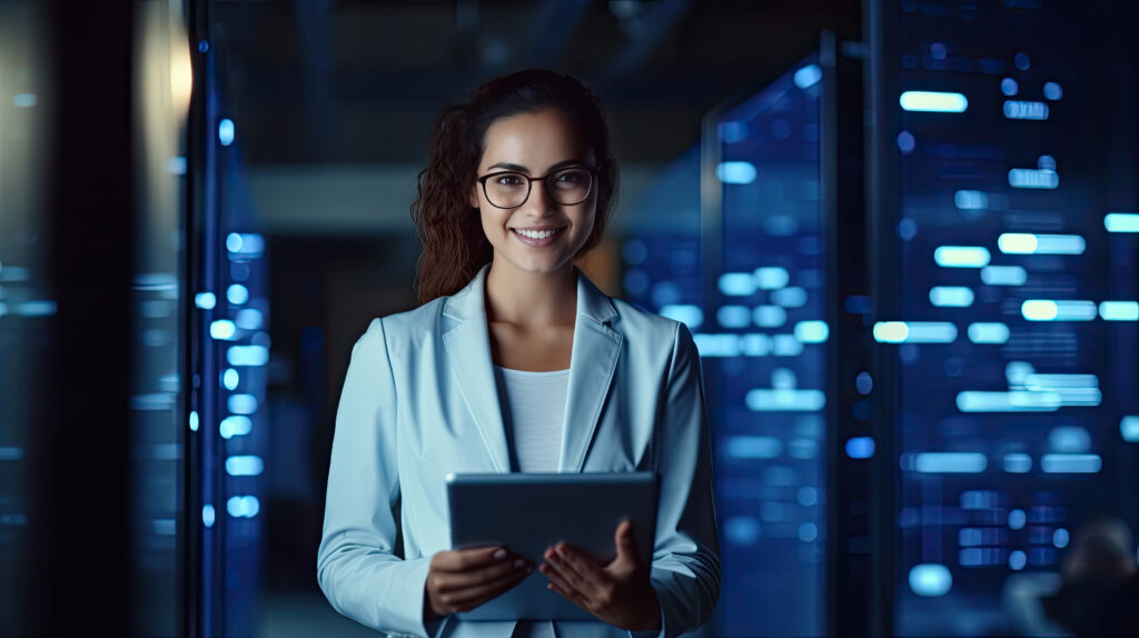 Data Center Female Using Tablet Computer with Smile in Big Cloud Computing Server Farm. Generative Ai