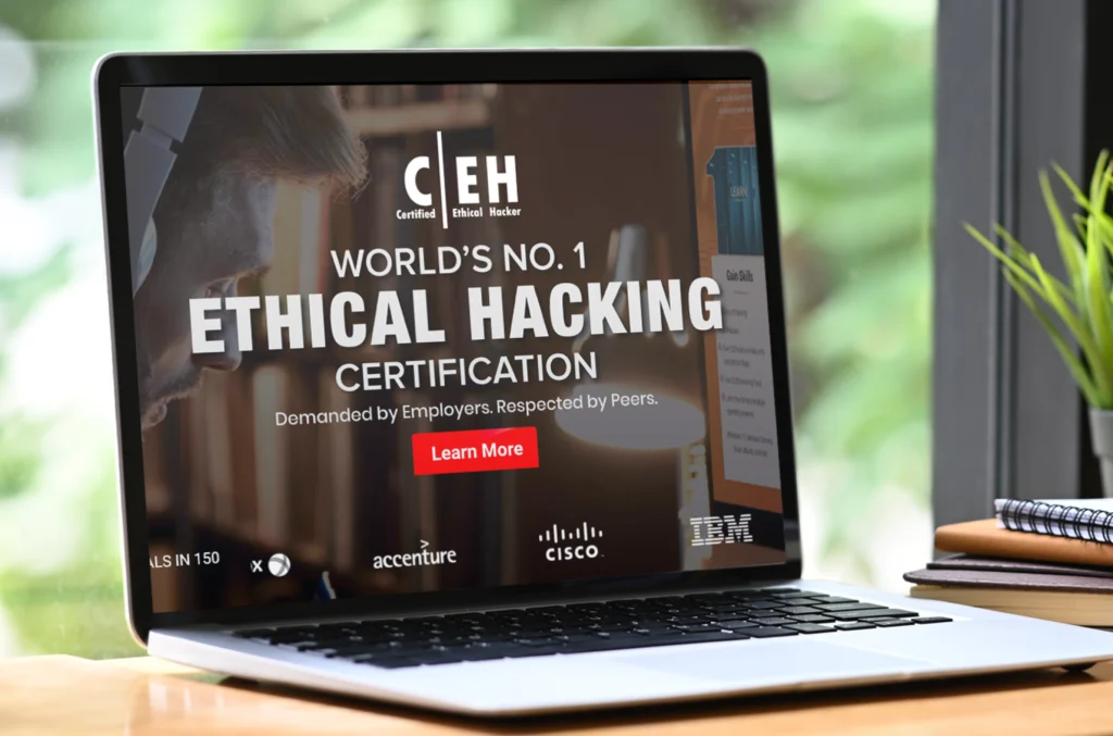 Laptop screen displaying an ad for ethical hacking certification