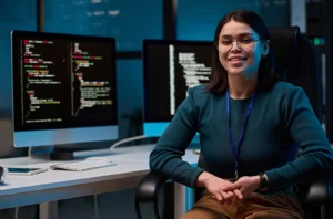 Person sitting in front of two computer monitors displaying code in an office environment